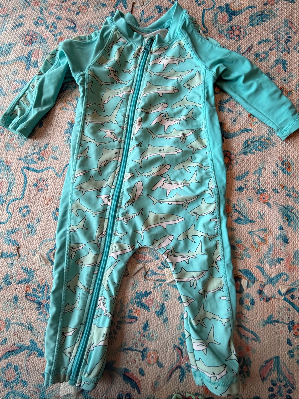 SwimZip 12-18m Turquoise Shark-Print UPF50+ long sleeve one piece bathing suit